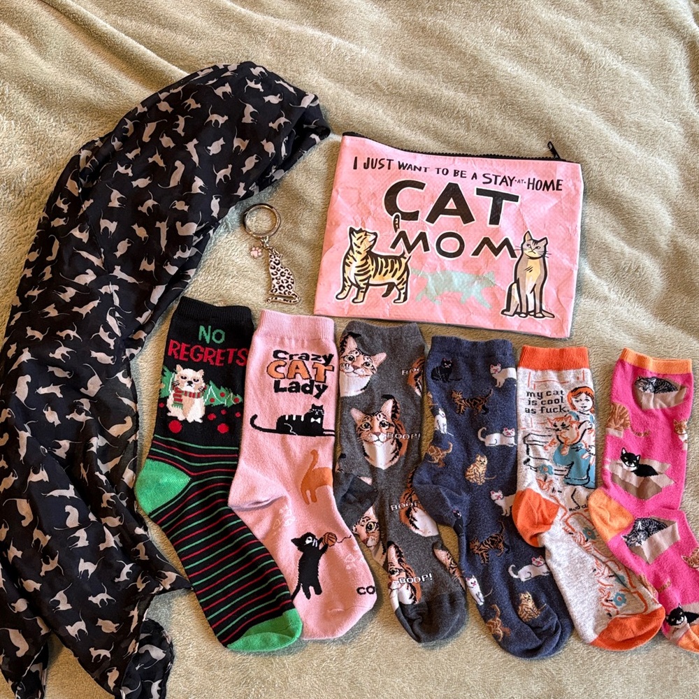 Cat-Themed Socks, Scarf, Kate Spade Keychain, and Bag Set